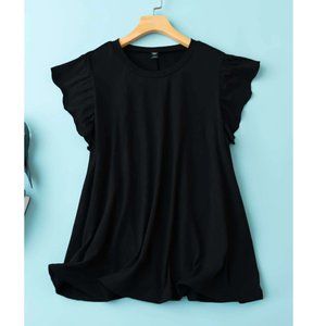 SHEIN Unity Plus Solid Round Neck Ruffle Cuff Tee in Black Size 1XL NWOT